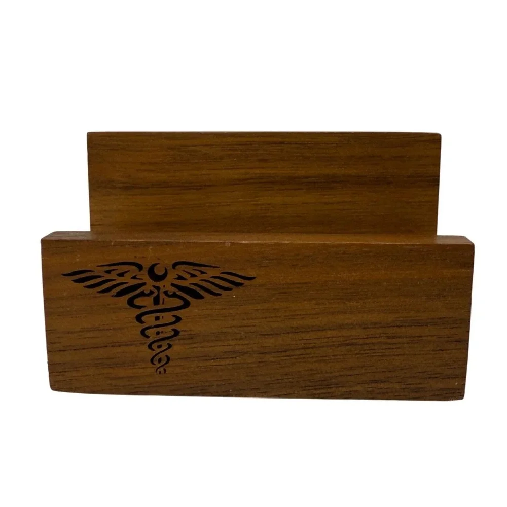 Vintage Wooden Business Card Holder with Caduceus Medical Desk Decor Doctor Gift